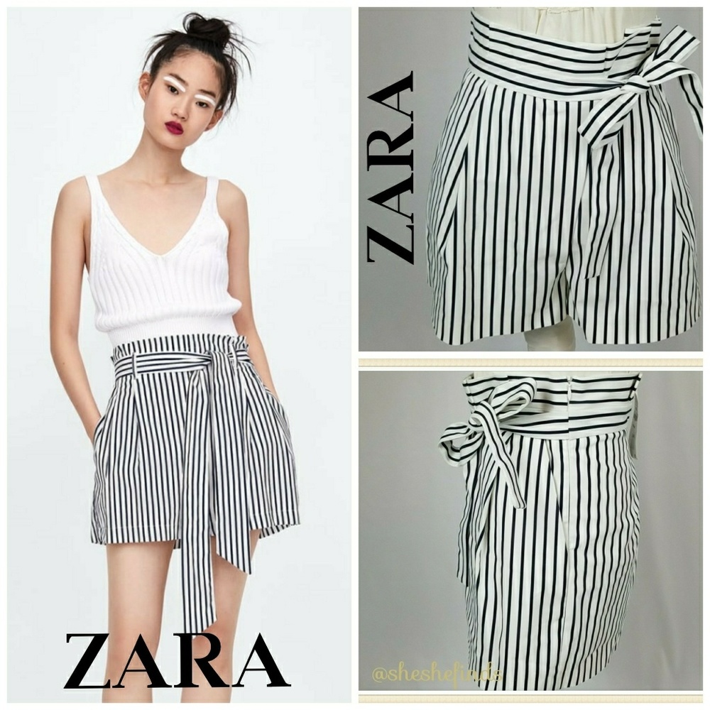ZARA Shorts, Trafaluc Collection - BLACK & WHITE STRIPED PAPERBAG - SZ - S (NWT) - Picture 1 of 8